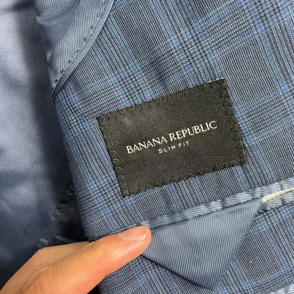 Banana Republic Slim Fit Suit 44R 35x30 Blue Plaid Marlane Italian Wool Mens
